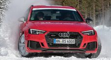 Audi RS4 Avant inarrestabile sulla neve. Superba l’aderenza anche sul ghiaccio, danza fra i tornanti in assoluta sicurezza